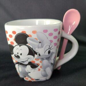 Disney‎ Coffee Mug with Spoon Mickey Minnie Daisy Donald Daisy Jerry Leigh READ